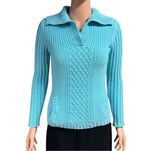 Liz & Co. | Aqua Blue Ribbed Knit Collared Sweater with Front Pockets